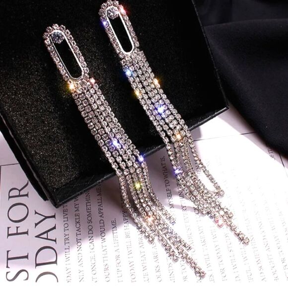 Clear White Baguette Diamond Drop Earrings on 925 Sterling Silver - Picture 1 of 2